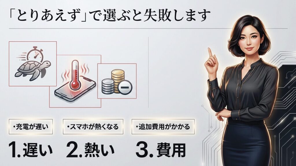 ワイヤレス充電器選びの失敗例：充電が遅い・スマホが熱くなる・追加費用がかかる