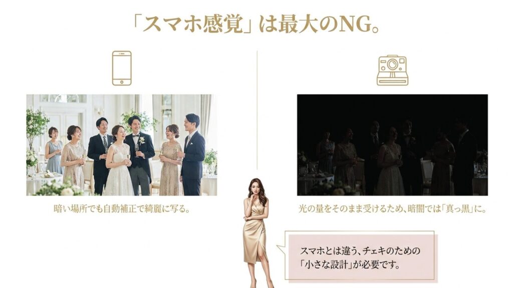 スマホとチェキの暗い場所での写り方の違い