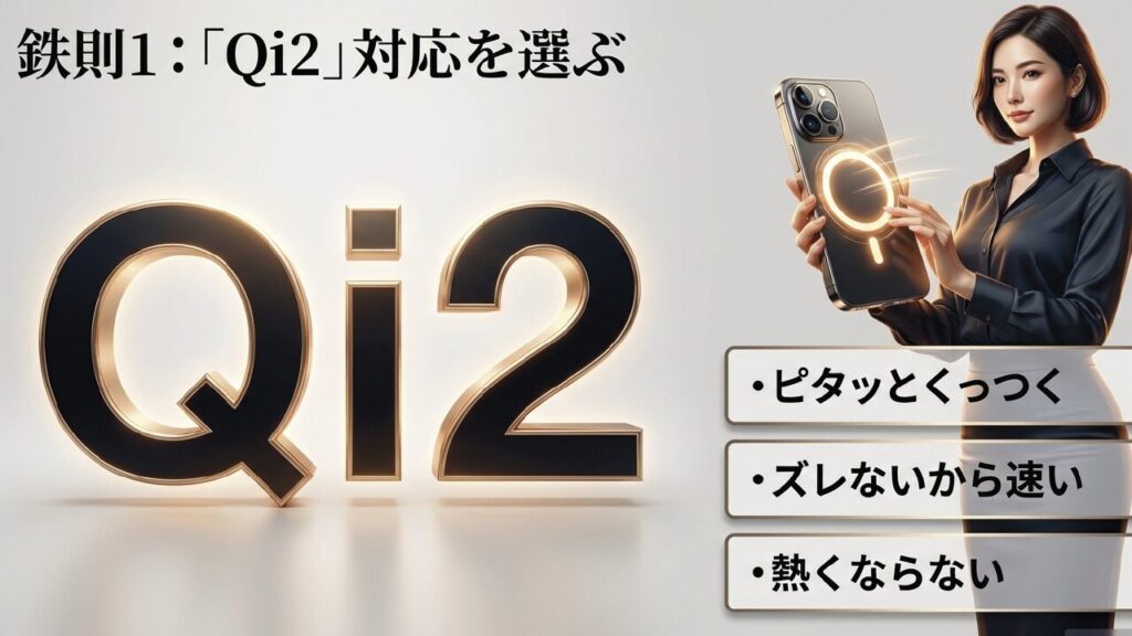 鉄則1：Qi2対応を選ぶ。ピタッとくっつき、ズレないから速くて熱くならない