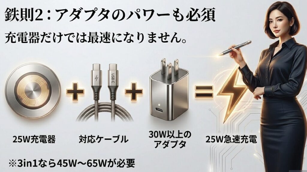 鉄則2：25W急速充電には充電器だけでなく対応ケーブルと30W以上のアダプタが必須