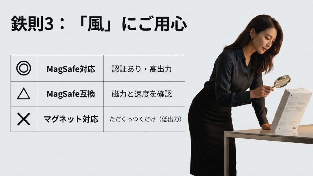 鉄則3：MagSafe対応（認証あり・高出力）、MagSafe互換（磁力と速度を確認）、マグネット対応（ただくっつくだけ）の違い