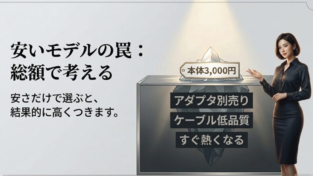 安いモデルの罠：本体が安くてもアダプタ別売りやケーブル低品質で結果的に高くつく