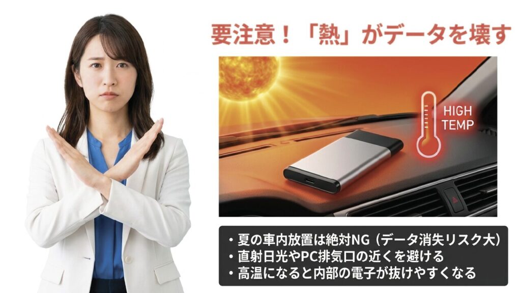 夏の車内放置など高温によるデータ消失リスク
