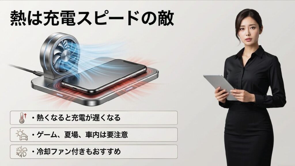 冷却ファン付きワイヤレス充電器：熱くなると充電が遅くなるため、ゲームや夏場、車内ではファン付きがおすすめ