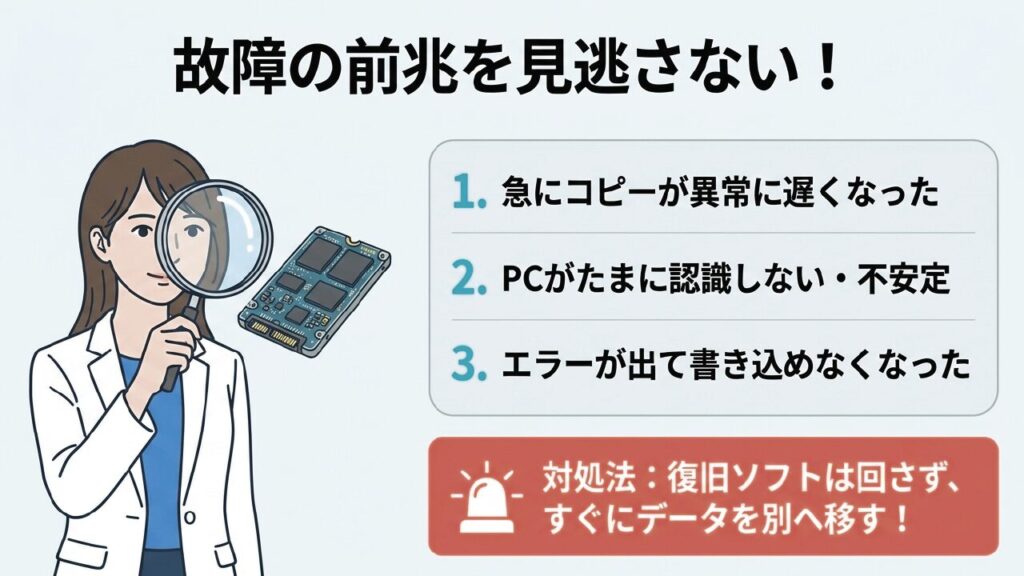 コピー速度低下や認識不良などSSD故障の前兆