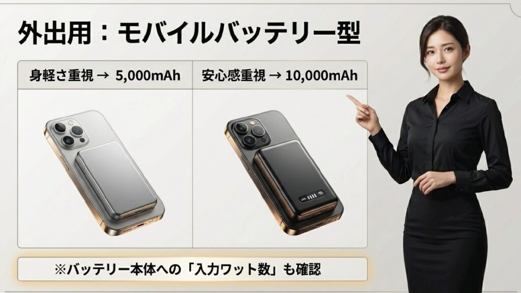 外出用モバイルバッテリー型：身軽さ重視なら5000mAh、安心感重視なら10000mAh