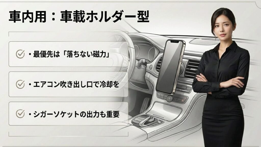 車内用車載ホルダー型：落ちない磁力、エアコン吹き出し口での冷却、シガーソケット出力が重要