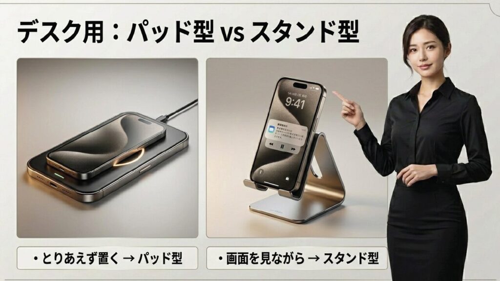 デスク用充電器：とりあえず置くならパッド型、画面の通知を見ながら作業するならスタンド型