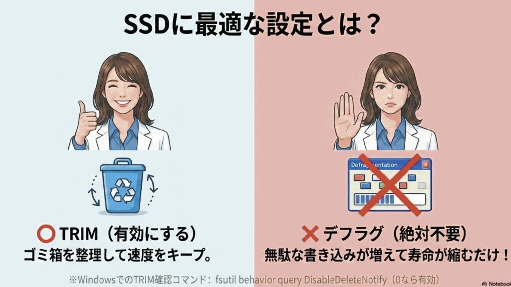 SSDでのTRIM有効化とデフラグ無効化の設定