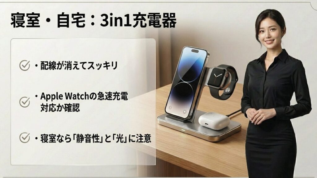 寝室・自宅用3in1充電器：配線が消えてスッキリ、Apple Watchの急速充電対応か確認