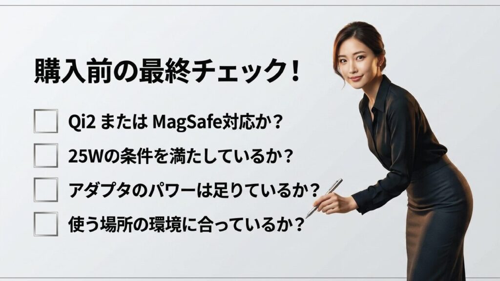 購入前の最終チェック：Qi2またはMagSafe対応か、25Wの条件を満たしているか、環境に合っているか