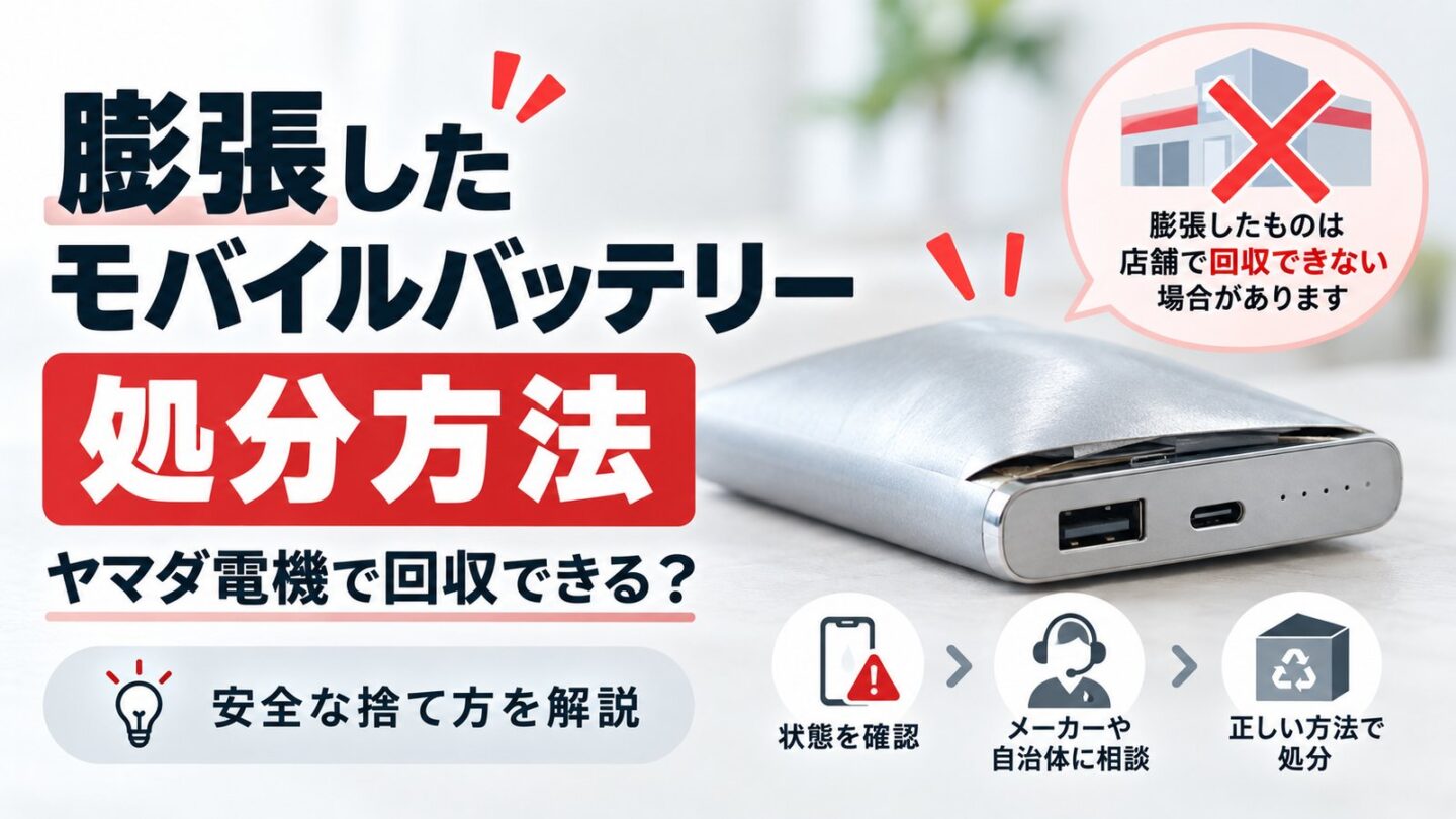 膨張したモバイルバッテリーの処分方法とヤマダ電機での回収可否を解説するアイキャッチ画像