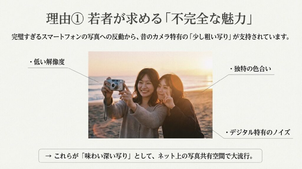 若者が求める不完全な魅力。低い解像度や独特の色合い、ノイズが味わい深い写りとして大流行