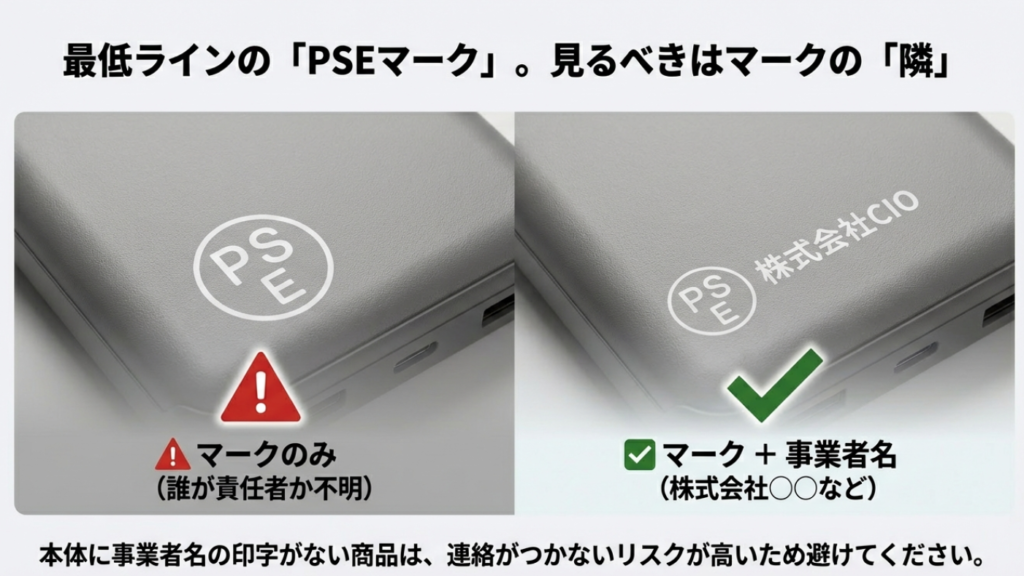 丸形PSEマークの横に事業者名(株式会社など)の印字が必須であることの解説図