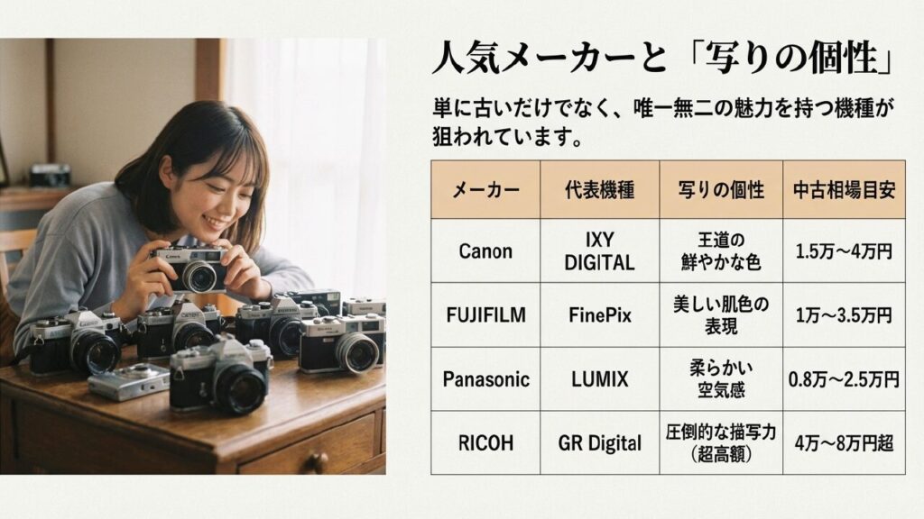 Canon、FUJIFILM、Panasonic、RICOHなど人気メーカーとそれぞれの写りの個性・中古相場目安