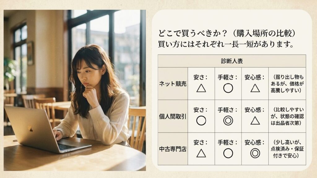 ネット競売、個人間取引、中古専門店の安さ・手軽さ・安心感の比較表