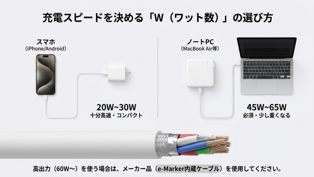 スマホとノートPCに必要な充電ワット数(20W/45W/65W)とe-Marker内蔵ケーブルの必要性