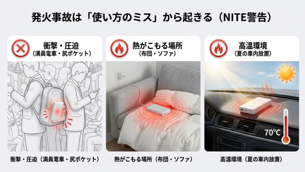 モバイルバッテリー発火事故の主な原因 カバンの圧迫や夏の車内放置などのNITE警告イラスト