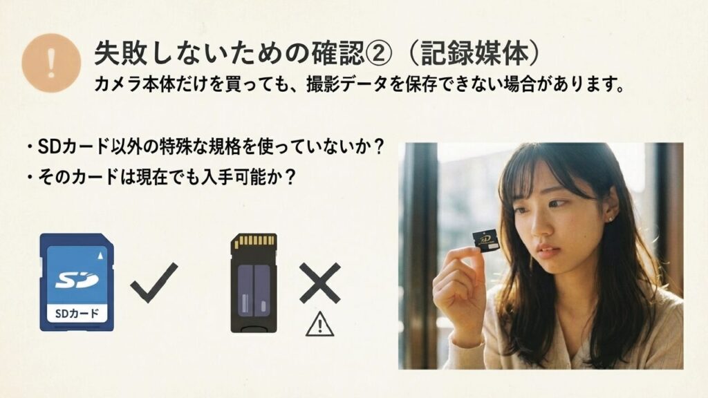 失敗しないための確認②記録媒体。SDカード以外の特殊規格でないか、現在も入手可能かを確認