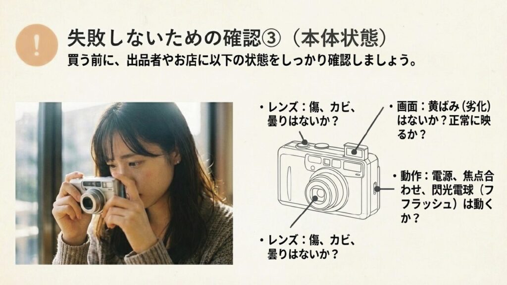 失敗しないための確認③本体状態。レンズの傷やカビ、画面の黄ばみ劣化、各動作をしっかり確認