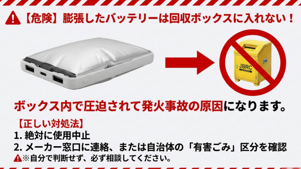危険 膨張したモバイルバッテリーは回収ボックスに入れてはいけない 発火事故防止の警告