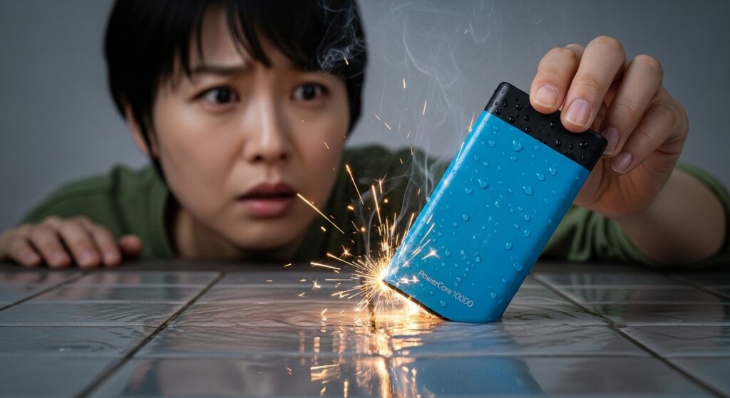 水濡れしたモバイルバッテリーの発熱や発火リスク
