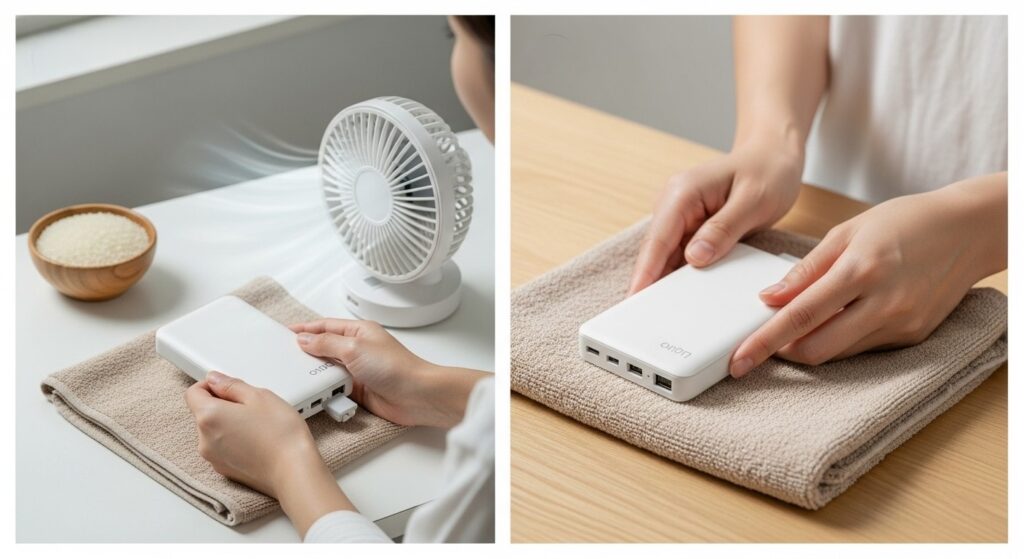 水濡れしたモバイルバッテリーを乾いた布で拭き自然乾燥させる