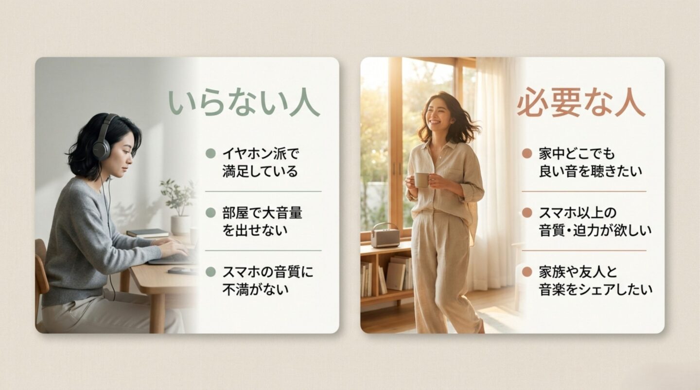 イヤホン派やスマホの音で満足する人と、家中で良い音や家族との音楽共有を求める人を比較