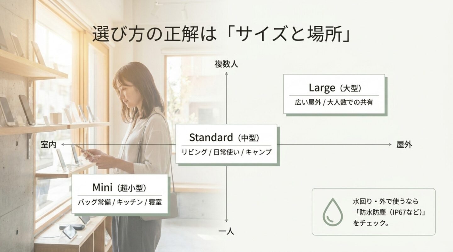 Mini、Standard、Largeのサイズを室内・屋外、一人・複数人の用途別に整理