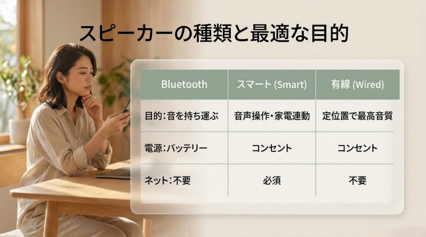 Bluetoothスピーカー、スマートスピーカー、有線スピーカーを目的・電源・ネット接続で比較