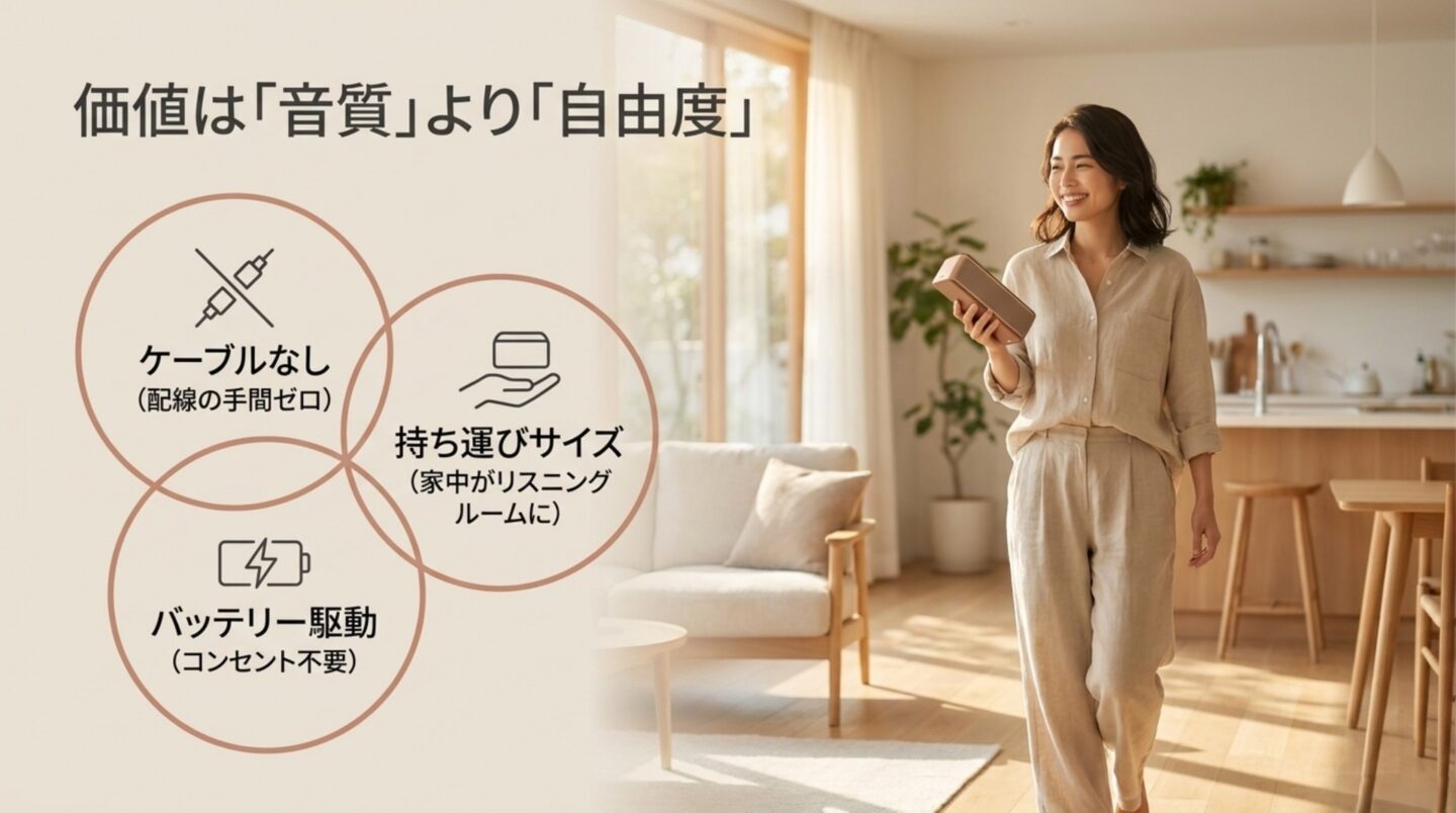 ケーブルなし、持ち運びやすさ、バッテリー駆動というBluetoothスピーカーの3つのメリット