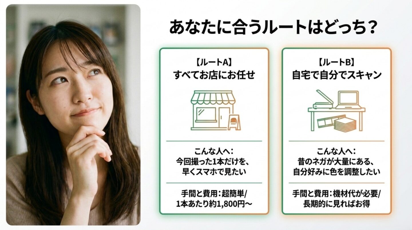 店舗へすべて任せる方法と現像後ネガを自宅でスキャンする方法の比較