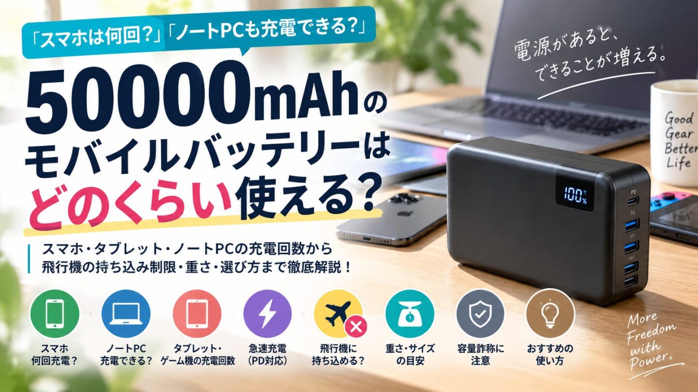 50000mAhモバイルバッテリーの充電回数、PD急速充電、重さ、飛行機への持ち込み制限を解説します。