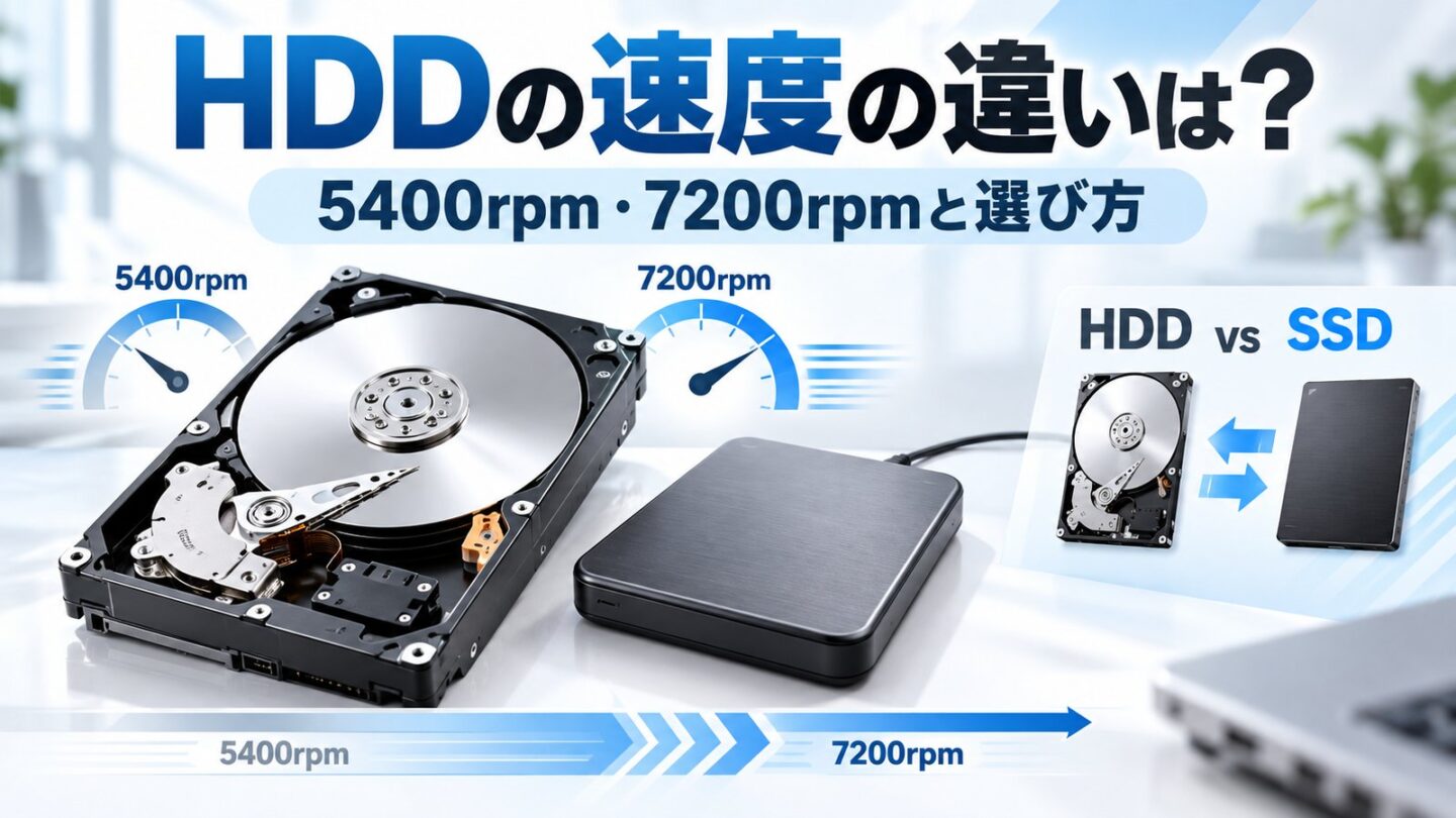 HDDの速度差を5400rpm・7200rpm、HDDとSSDの比較で解説する記事のアイキャッチ