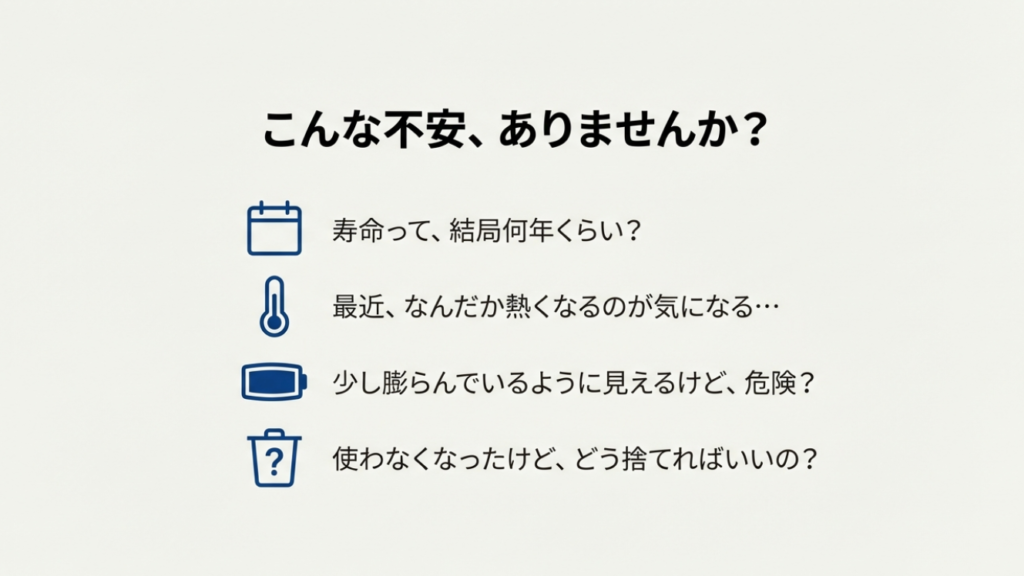 Ankerモバイルバッテリーの寿命年数、発熱、膨張、捨て方に関するユーザーの不安一覧