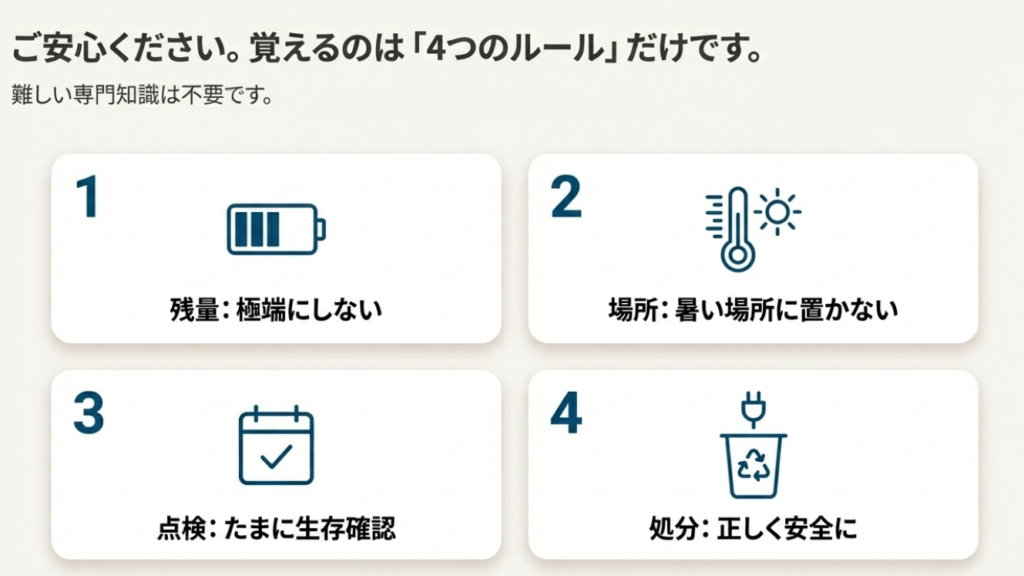 バイルバッテリーを使わない時の保管4カ条。残量、場所、点検、処分のポイントをイラストで解説