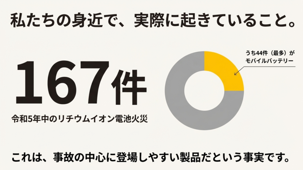 令和5年のリチウムイオン電池関連火災167件の内訳を示す円グラフ。モバイルバッテリーが44件で最多であることを強調した統計データ図