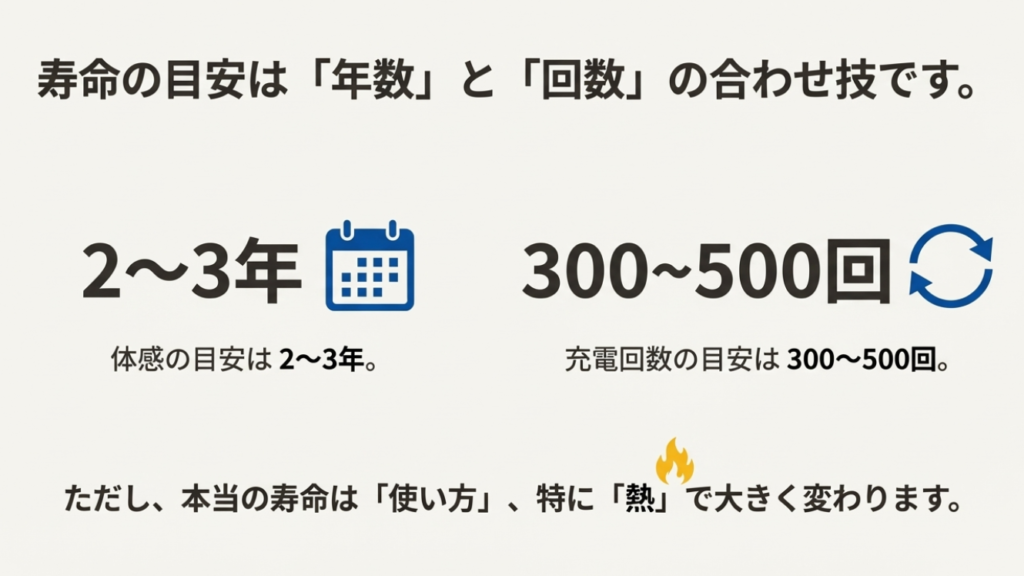 モバイルバッテリーの寿命目安は2年から3年、充電回数は300回から500回という図解