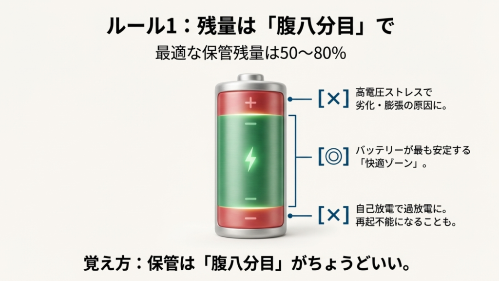 モバイルバッテリーの保管残量は50%から80%が最適。満充電や0%放置による劣化と過放電のリスクを図解。