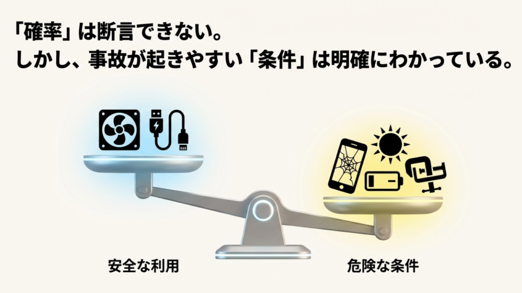安全な利用と危険な条件（高温・破損・圧迫）を比較する天秤のイラスト。「確率は断言できないが、事故が起きやすい条件は明確」というメッセージ図解。