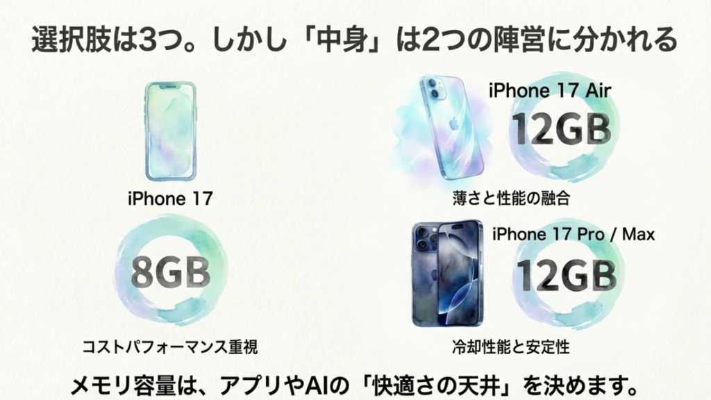 iPhone 17（8GB）、Air（12GB）、Pro（12GB）の3モデル比較図。コスト重視、薄さと性能のバランス、冷却と安定性の違いを分類したチャート。