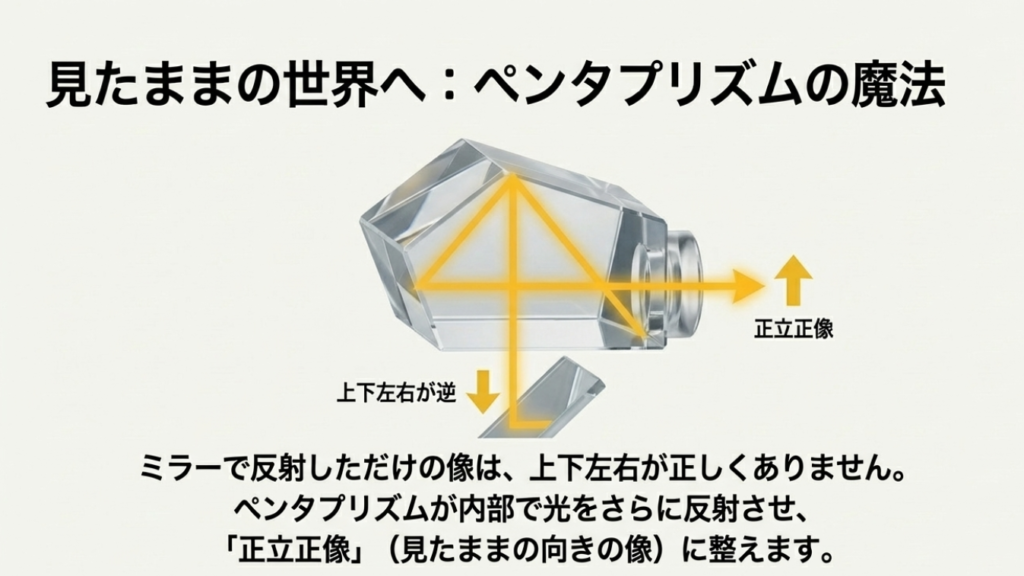 上下左右が逆の像を、ペンタプリズム内部での反射によって正立正像（見たままの向き）に補正する仕組みの解説図
