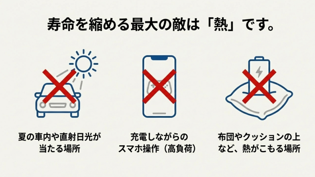 モバイルバッテリーの劣化原因となる夏の車内放置、充電中のゲーム操作、布団の上での充電の禁止イラスト