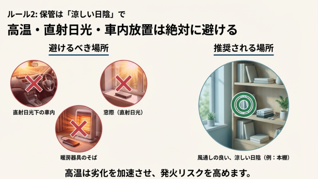 モバイルバッテリーを直射日光の当たる車内や窓際に放置するのは危険。発火や劣化の原因になる場所をイラストで警告。