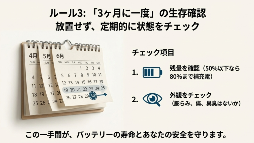 3ヶ月ごとのカレンダーチェックでモバイルバッテリーの生存確認。残量確認と外観チェックのメンテナンス習慣。