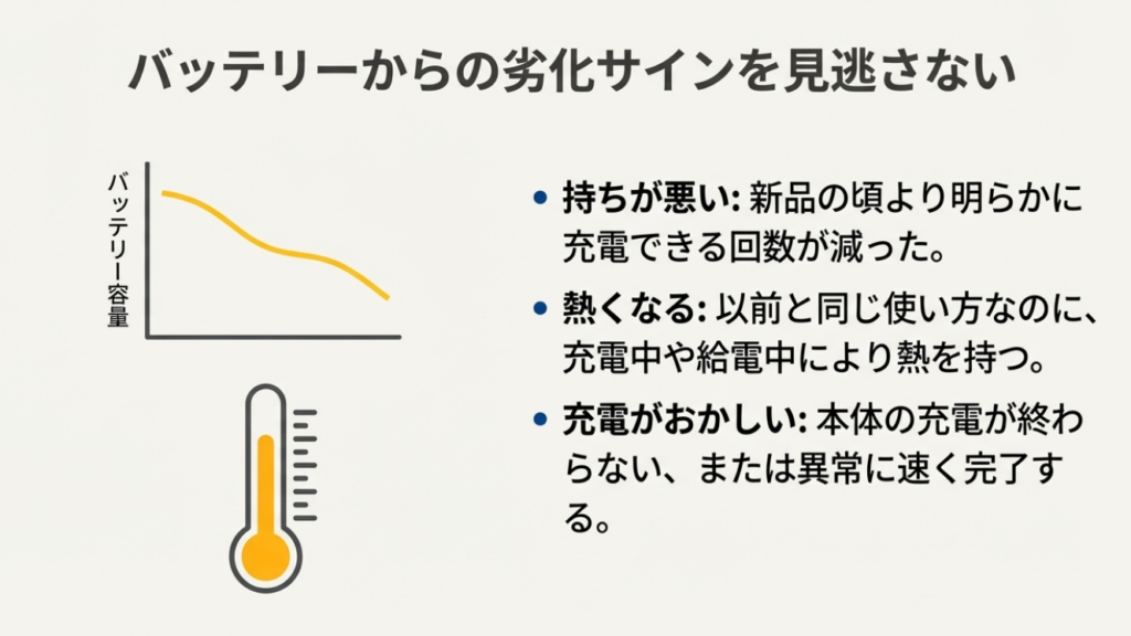 バッテリーの持ちが悪くなる、異常な発熱、充電が終わらないなどの劣化症状リスト