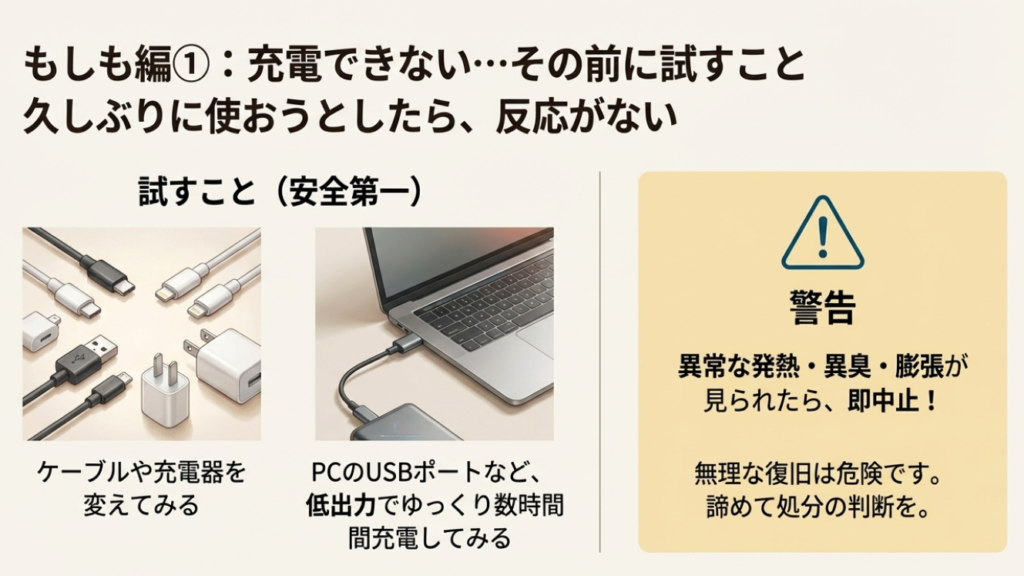 モバイルバッテリーが充電できない時に試すこと。ケーブル交換やPC経由の低出力充電などの切り分け手順。