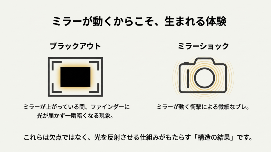 ミラーが上がることでファインダーが暗くなるブラックアウト現象と、ミラーの駆動による振動（ミラーショック）のイメージ図
