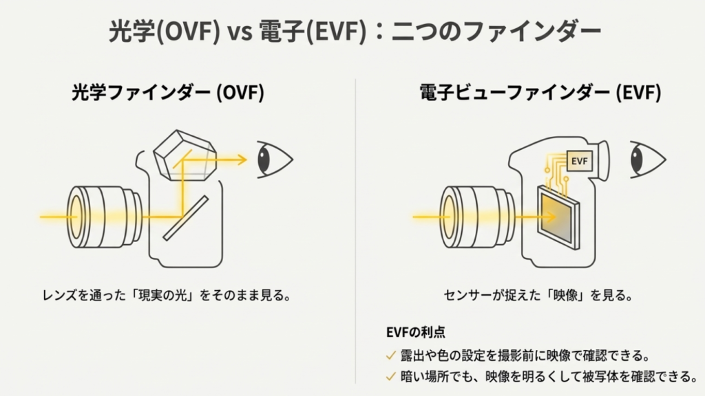 鏡を使って実像を見る一眼レフ（OVF）と、センサーのデジタル映像を見るミラーレス（EVF）の内部構造の違いを比較したイラスト