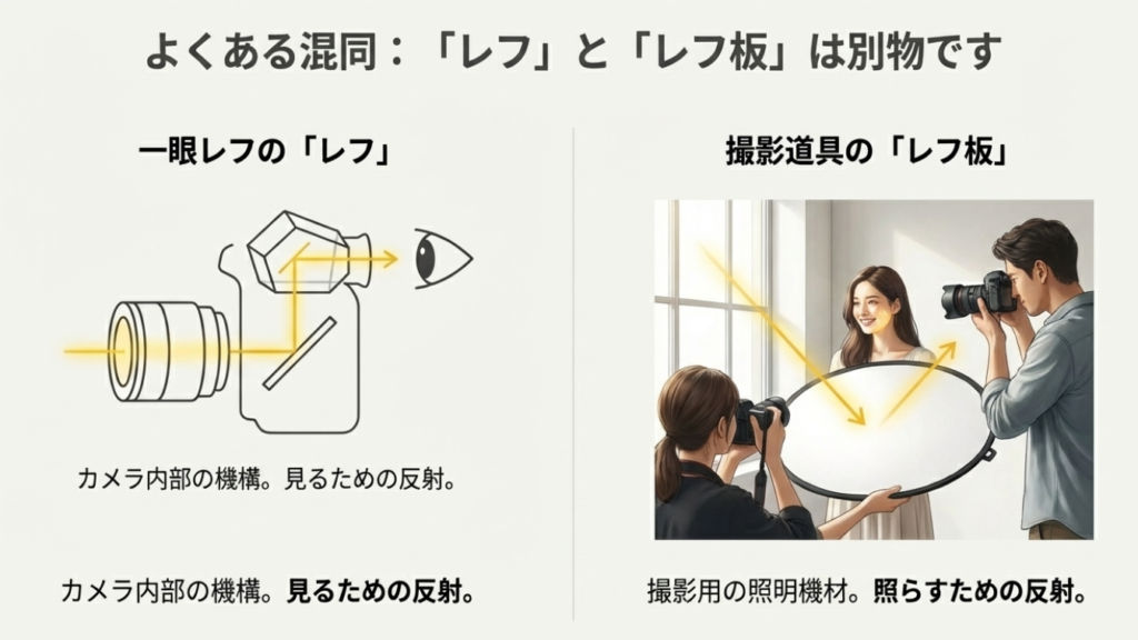 一眼レフカメラ内部の反射機構（Reflex）と、ポートレート撮影などで光を反射させるレフ板（Reflector）の役割の違いを示したイラスト